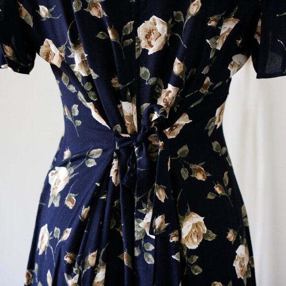 NWT 80's 90's Navy Blue Dead Stock Long Midi Dress/Flutter Sleeves - Picture 7 of 10